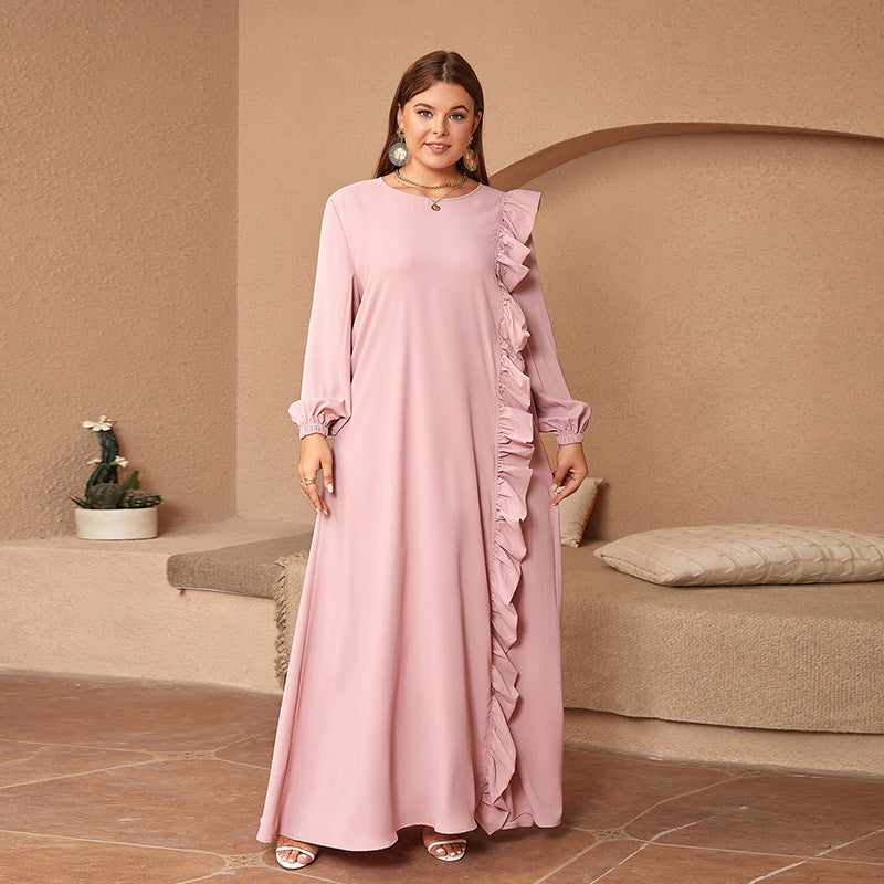 Middle Eastern Muslim Matte Satin Solid Color Wood-ear Long Sleeve Round Neck plus size Dress Cross-border Special Supply