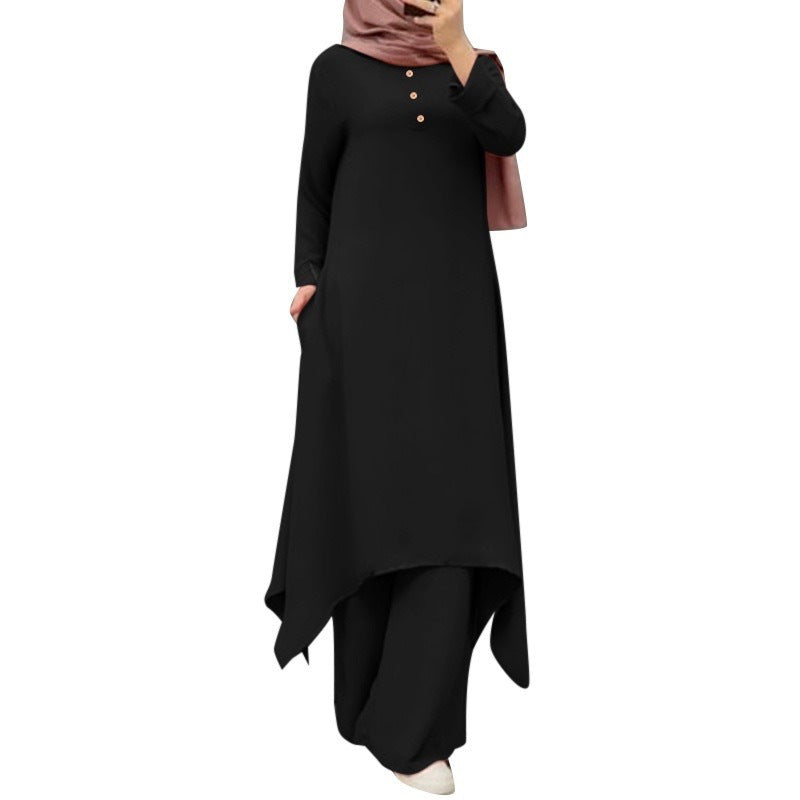 Source Factory Spring and Autumn New Cross-Border Women's Clothing Solid Color Round Neck Wooden Button Puff Sleeve Wide-Leg Pants Set