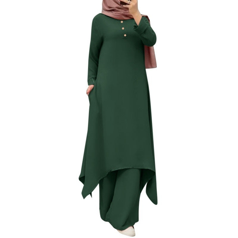 Source Factory Spring and Autumn New Cross-Border Women's Clothing Solid Color Round Neck Wooden Button Puff Sleeve Wide-Leg Pants Set
