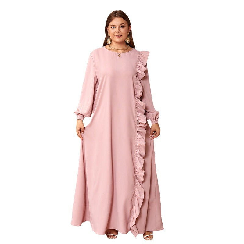 Middle Eastern Muslim Matte Satin Solid Color Wood-ear Long Sleeve Round Neck plus size Dress Cross-border Special Supply