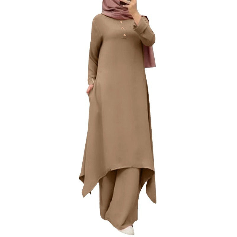 Source Factory Spring and Autumn New Cross-Border Women's Clothing Solid Color Round Neck Wooden Button Puff Sleeve Wide-Leg Pants Set