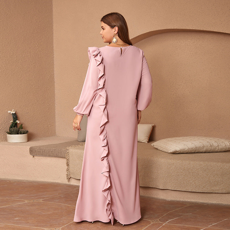 Middle Eastern Muslim Matte Satin Solid Color Wood-ear Long Sleeve Round Neck plus size Dress Cross-border Special Supply