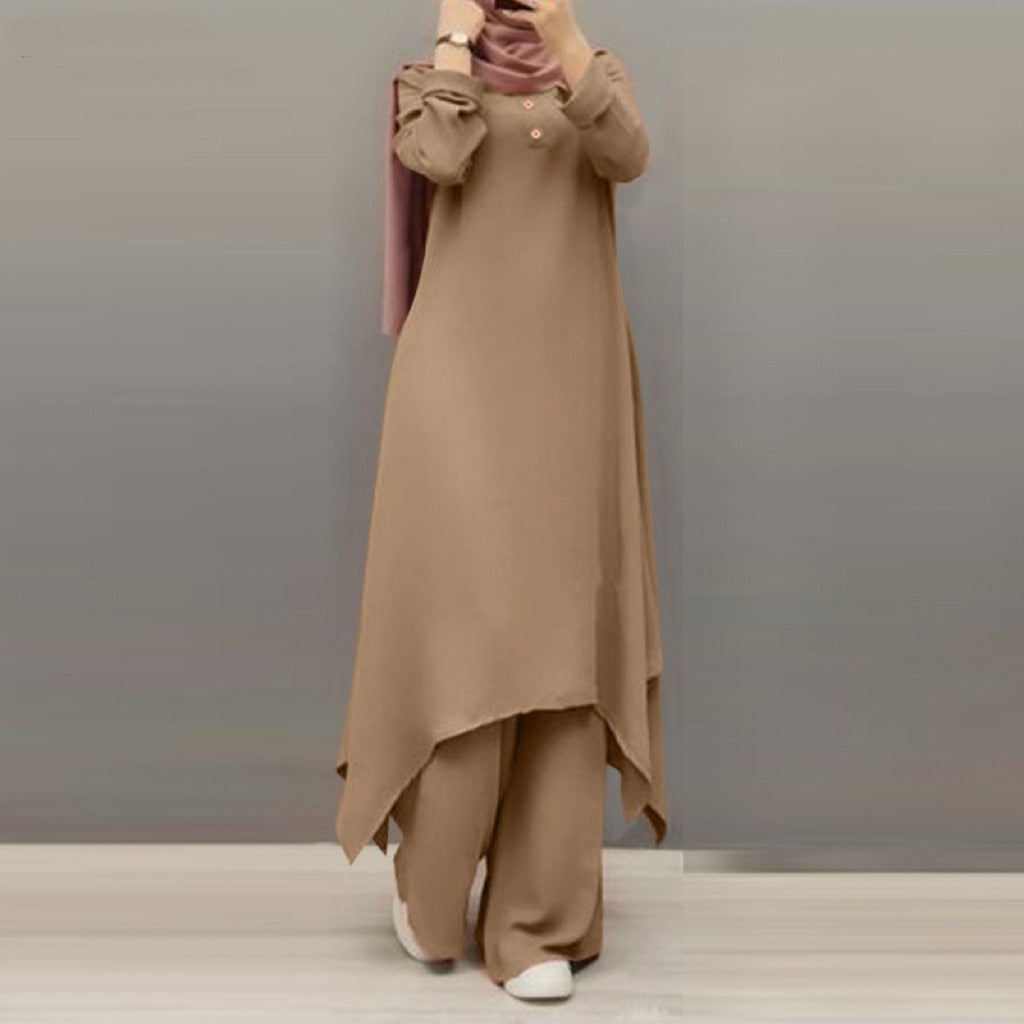Source Factory Spring and Autumn New Cross-Border Women's Clothing Solid Color Round Neck Wooden Button Puff Sleeve Wide-Leg Pants Set