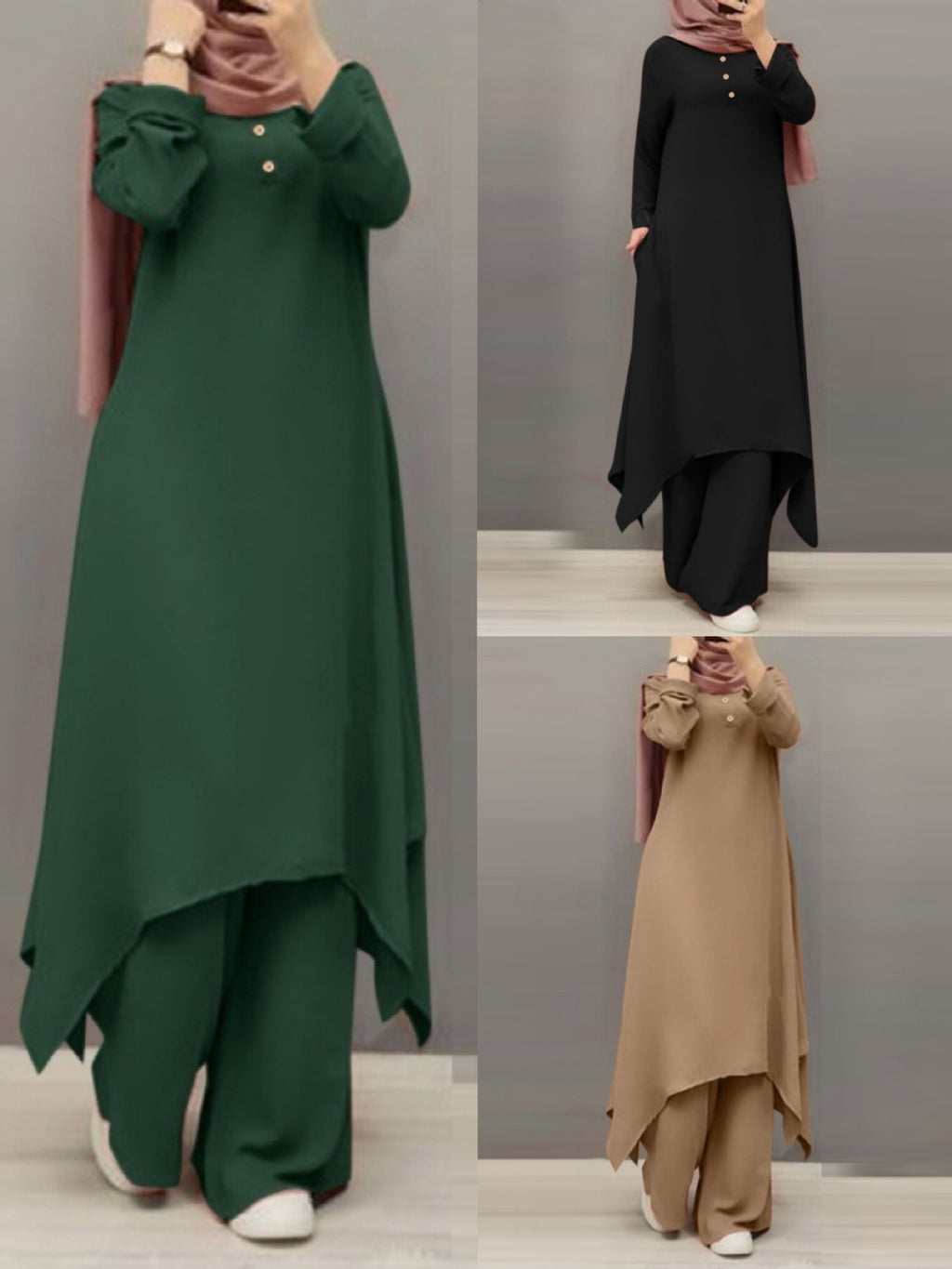 Source Factory Spring and Autumn New Cross-Border Women's Clothing Solid Color Round Neck Wooden Button Puff Sleeve Wide-Leg Pants Set