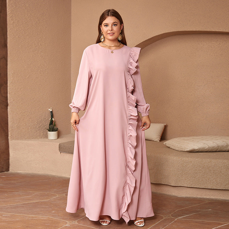 Middle Eastern Muslim Matte Satin Solid Color Wood-ear Long Sleeve Round Neck plus size Dress Cross-border Special Supply