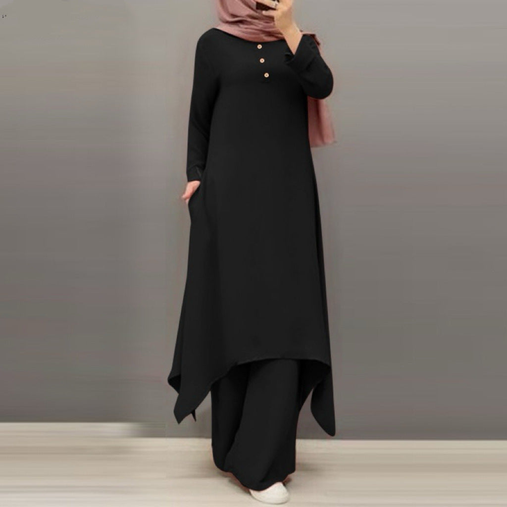Source Factory Spring and Autumn New Cross-Border Women's Clothing Solid Color Round Neck Wooden Button Puff Sleeve Wide-Leg Pants Set