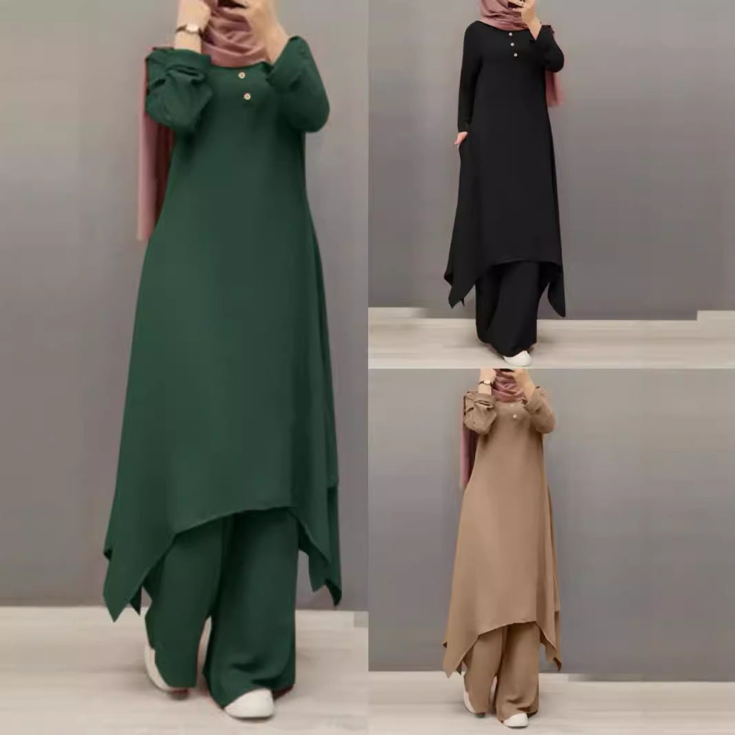 Source Factory Spring and Autumn New Cross-Border Women's Clothing Solid Color Round Neck Wooden Button Puff Sleeve Wide-Leg Pants Set