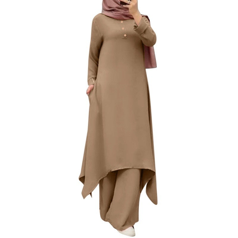 Source Factory Spring and Autumn New Cross-Border Women's Clothing Solid Color Round Neck Wooden Button Puff Sleeve Wide-Leg Pants Set