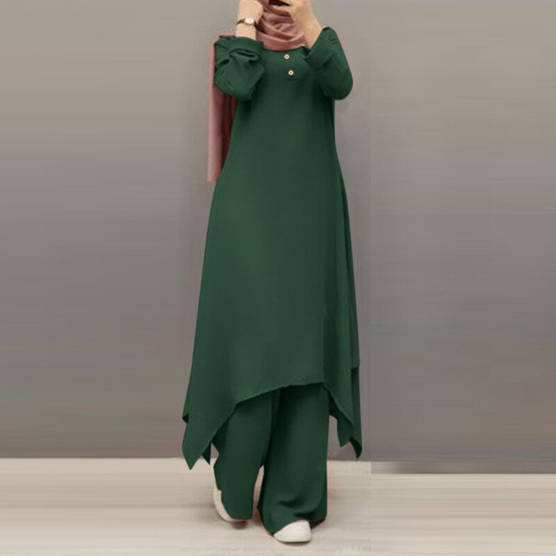 Source Factory Spring and Autumn New Cross-Border Women's Clothing Solid Color Round Neck Wooden Button Puff Sleeve Wide-Leg Pants Set