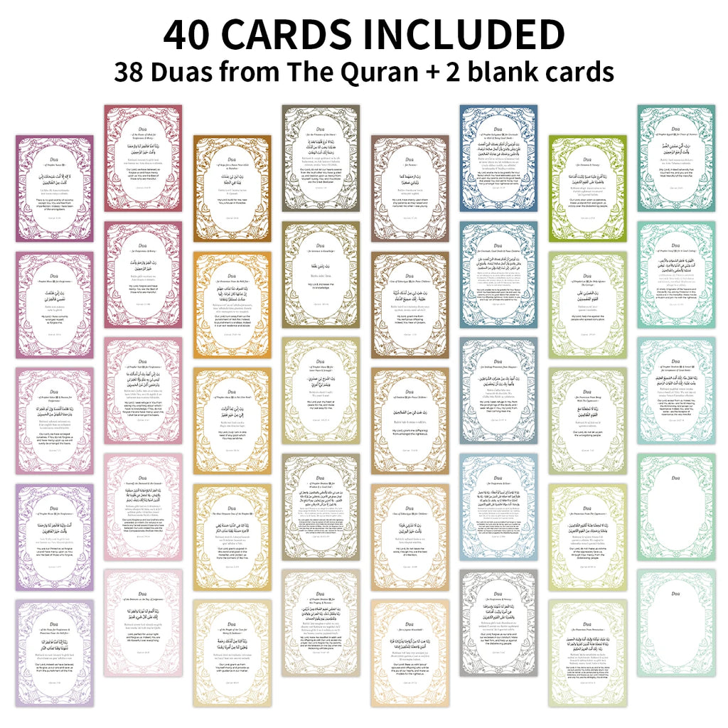 Dua cards with Arabic, transliteration and English