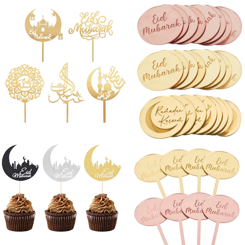 Eid Mubarak kagepynt — guld akryl til kager og cupcakes