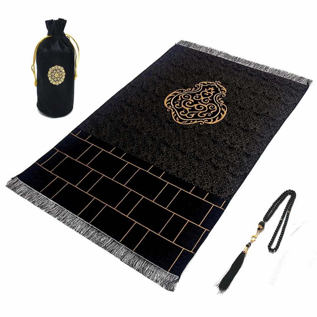 Bærbart bedetæppe i fløjl med tasbih og bæretaske — 70 × 110 cm