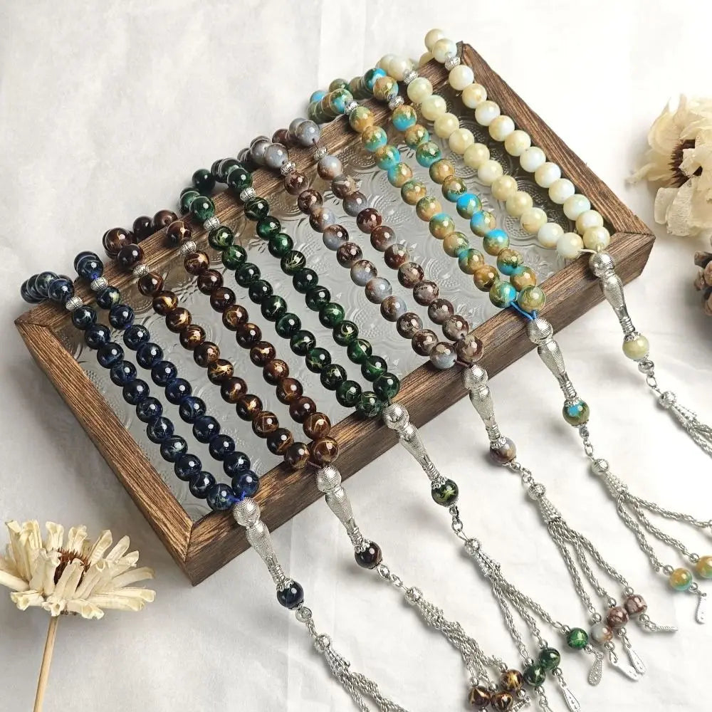 33-Bead Tasbih — Marbled Beads with Metal Tassel