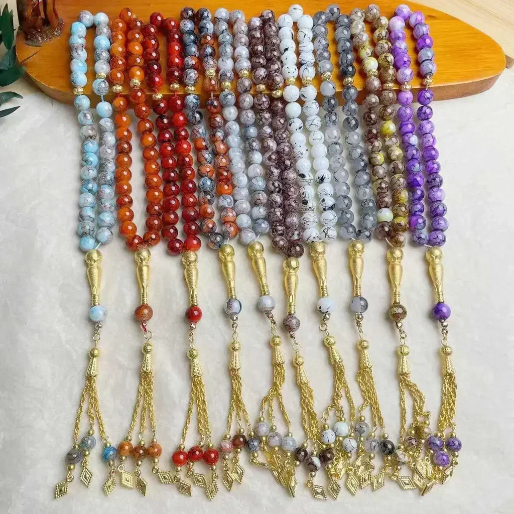 Tasbih med glasperler — 33 perler og guldkvast