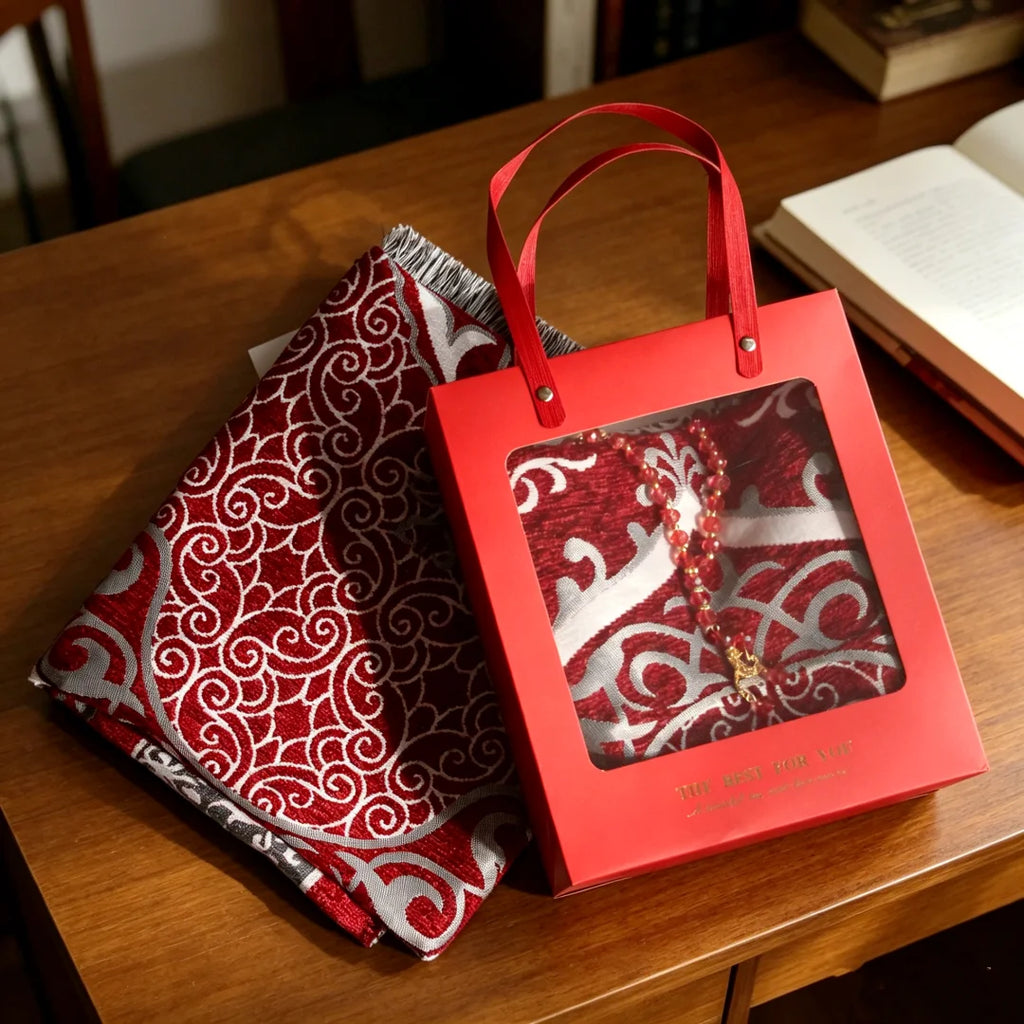 Chenille Prayer Mat Gift Box Set with Bag & Tasbih