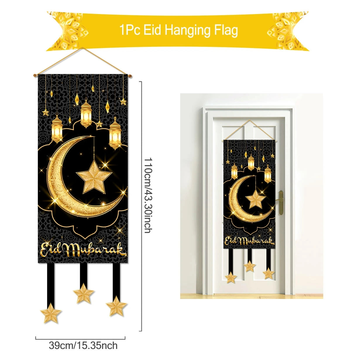 Ramadan Kareem Hanging Banner — Black & Gold Wall Flag