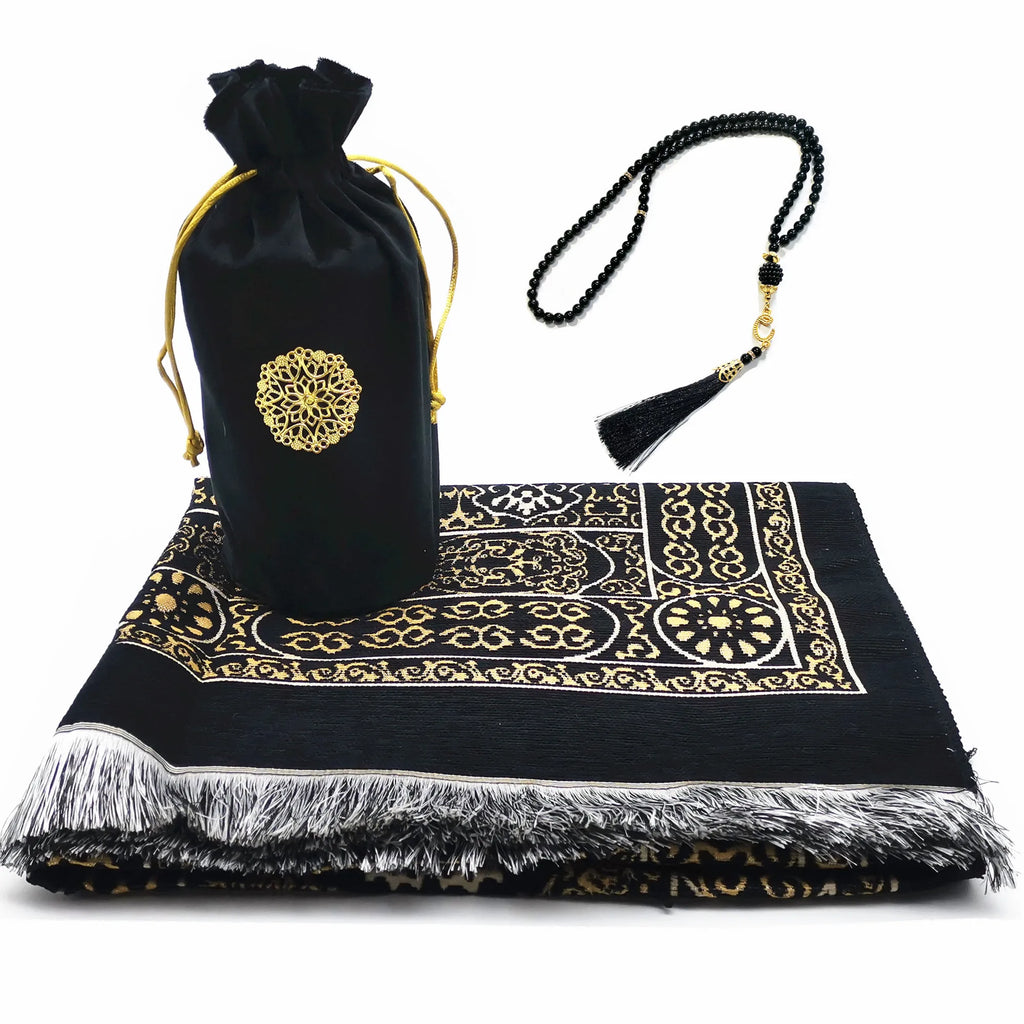 Bærbart bedetæppe i fløjl med tasbih og bæretaske — 70 × 110 cm