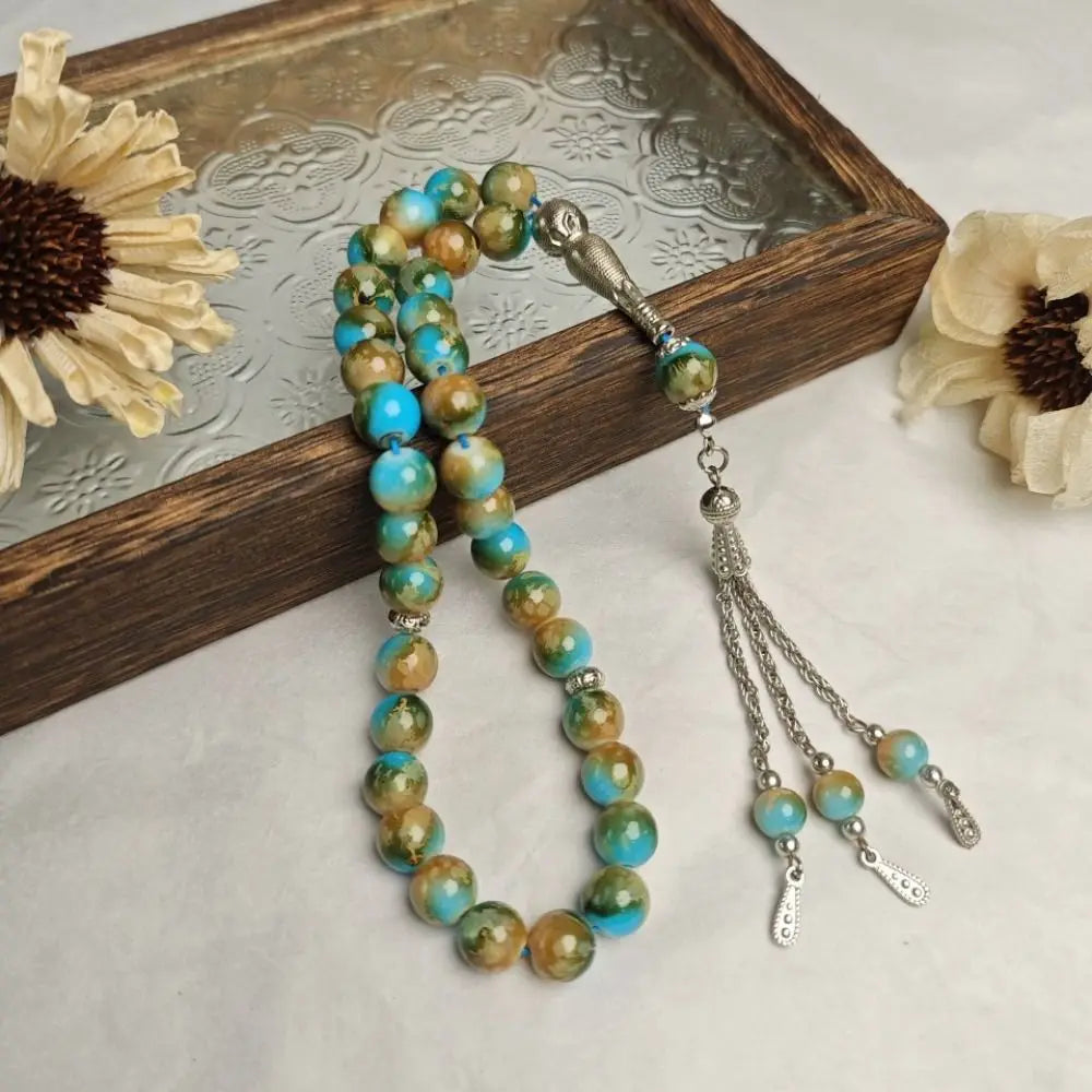 33-Bead Tasbih — Marbled Beads with Metal Tassel