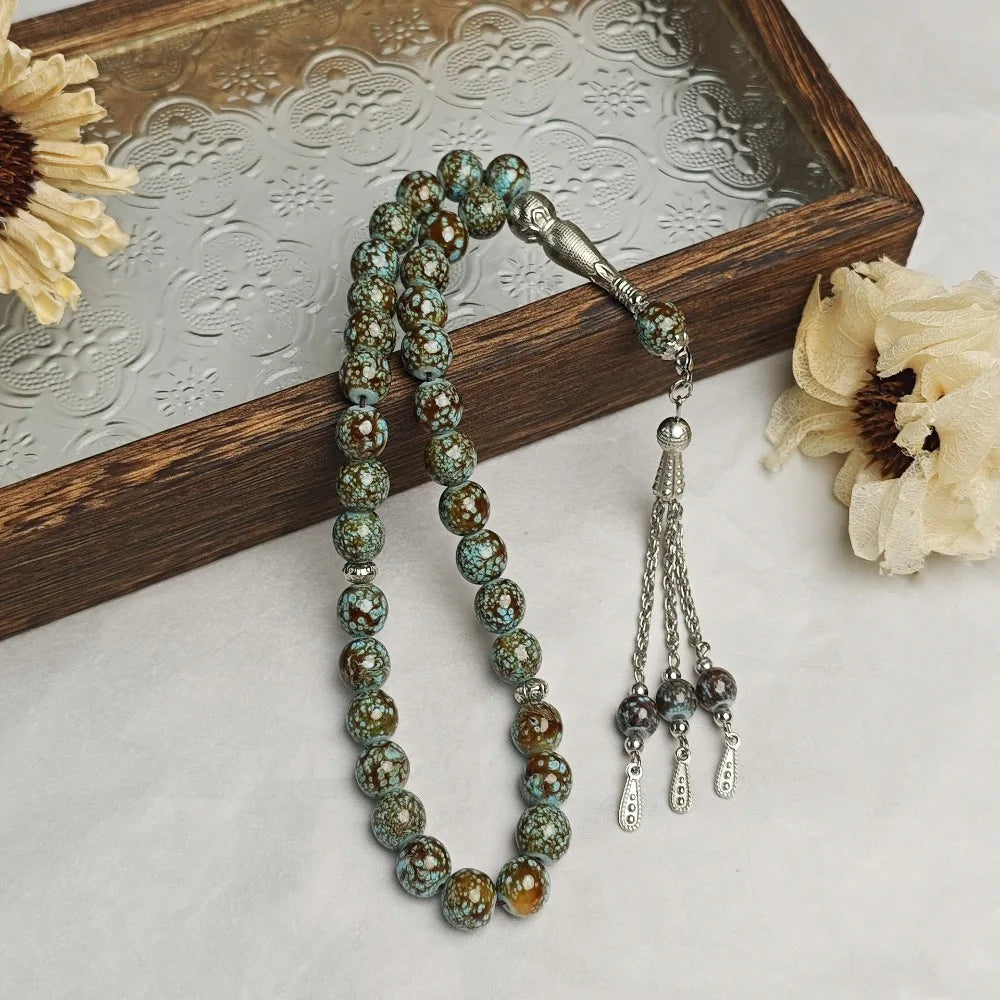 33-Bead Tasbih — Marbled Beads with Metal Tassel