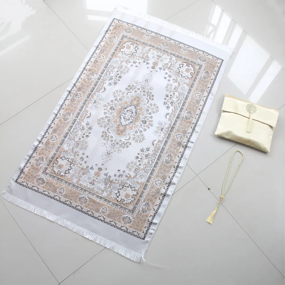 Satin Floral Prayer Set — Mat, Bag & 33-Bead Tasbih