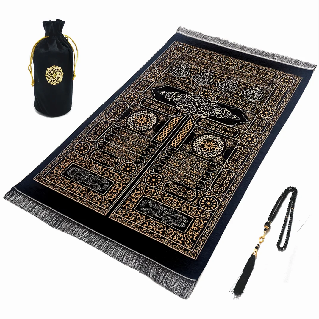 Bærbart bedetæppe i fløjl med tasbih og bæretaske — 70 × 110 cm