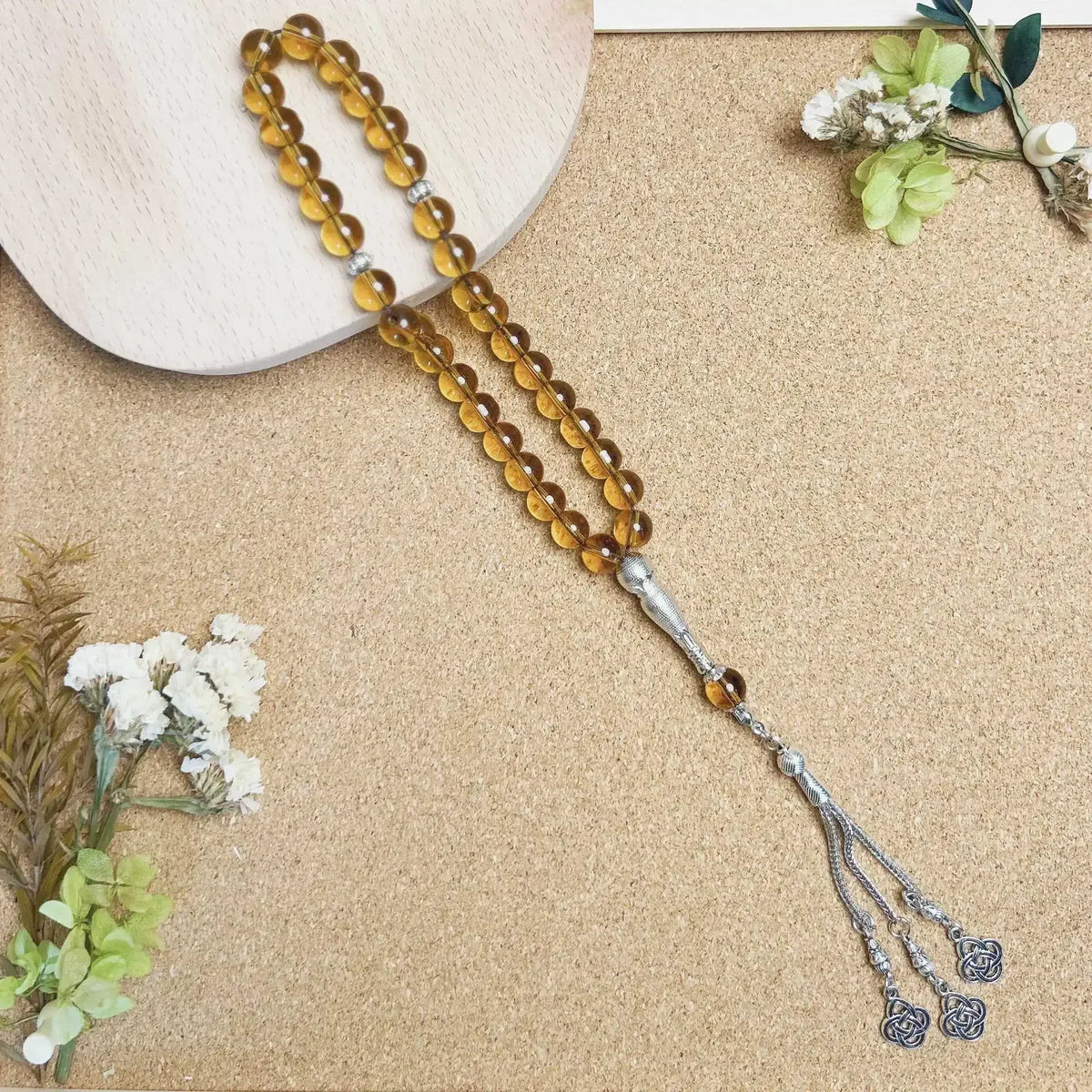Tasbih med glasperler — 33 perler og guldkvast