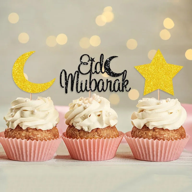 Eid Mubarak kagepynt — guld akryl til kager og cupcakes