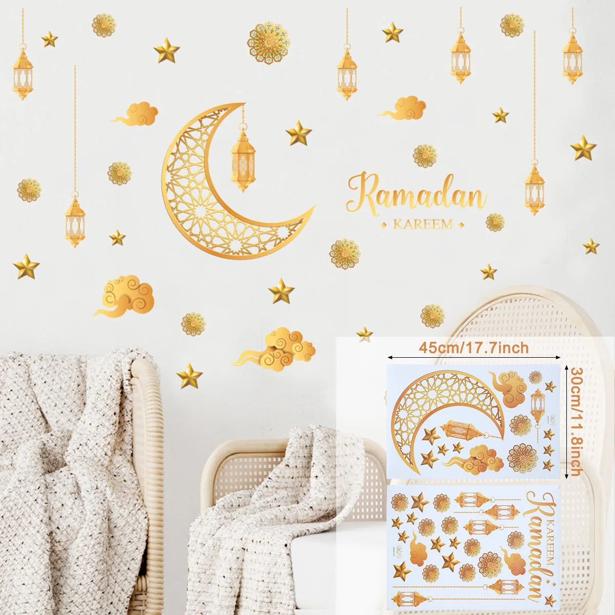 Ramadan Kareem Wandsticker — Goldener Mond, Sterne & Laternen