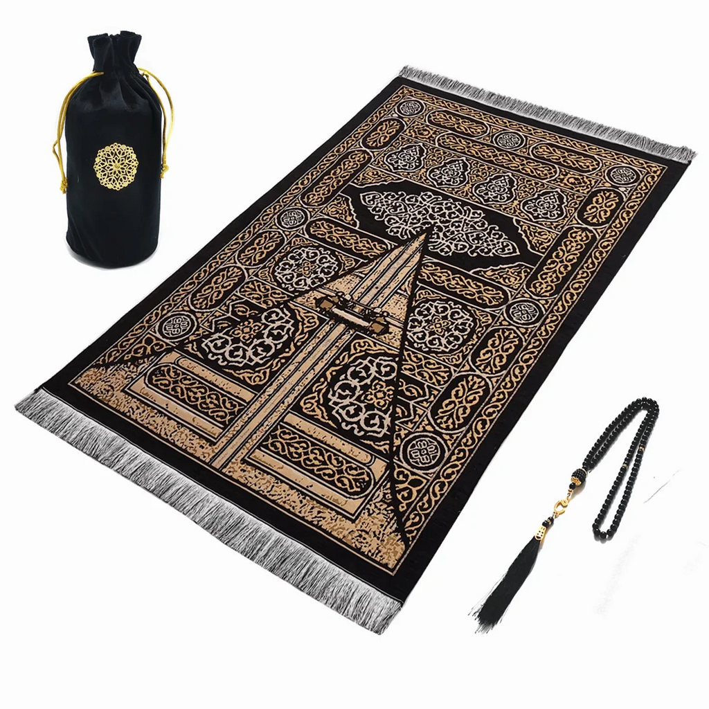 Bærbart bedetæppe i fløjl med tasbih og bæretaske — 70 × 110 cm