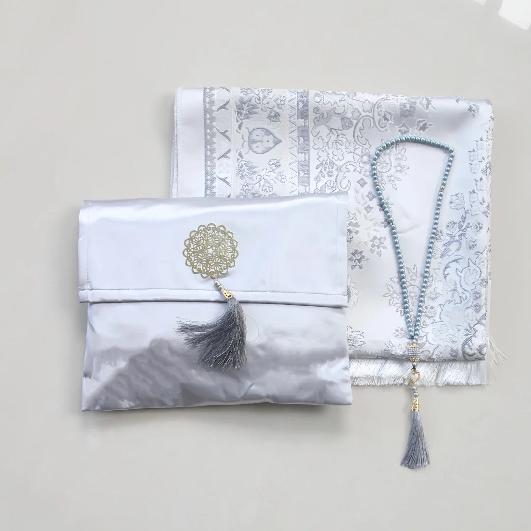 Satin Floral Prayer Set — Mat, Bag & 33-Bead Tasbih