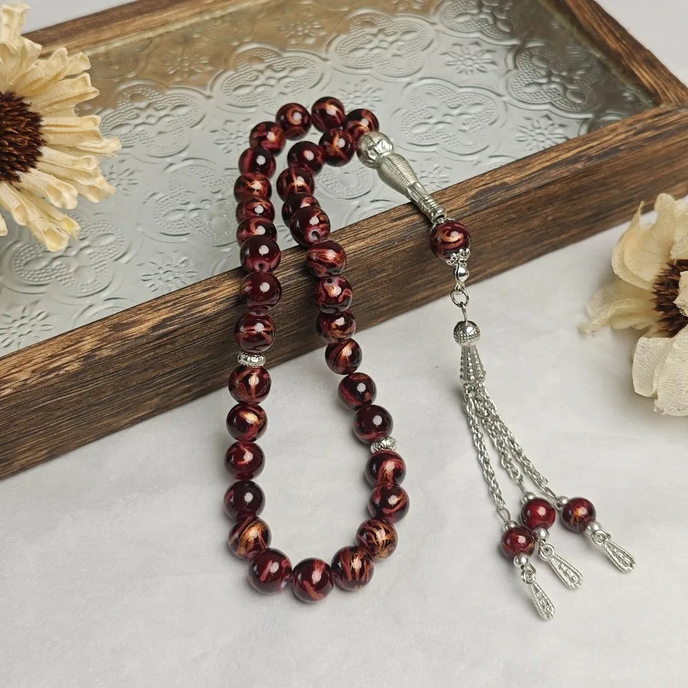 33-Bead Tasbih — Marbled Beads with Metal Tassel