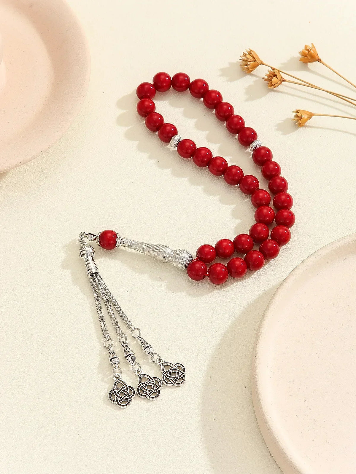 Tasbih med glasperler — 33 perler og guldkvast