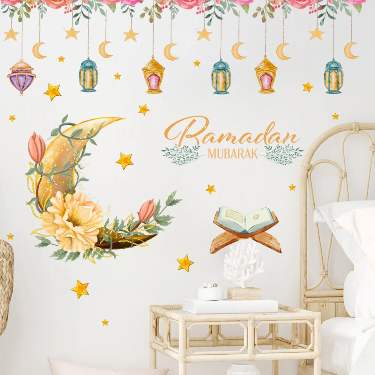 Ramadan Kareem wallstickers — guldmåne, stjerner og lanterner