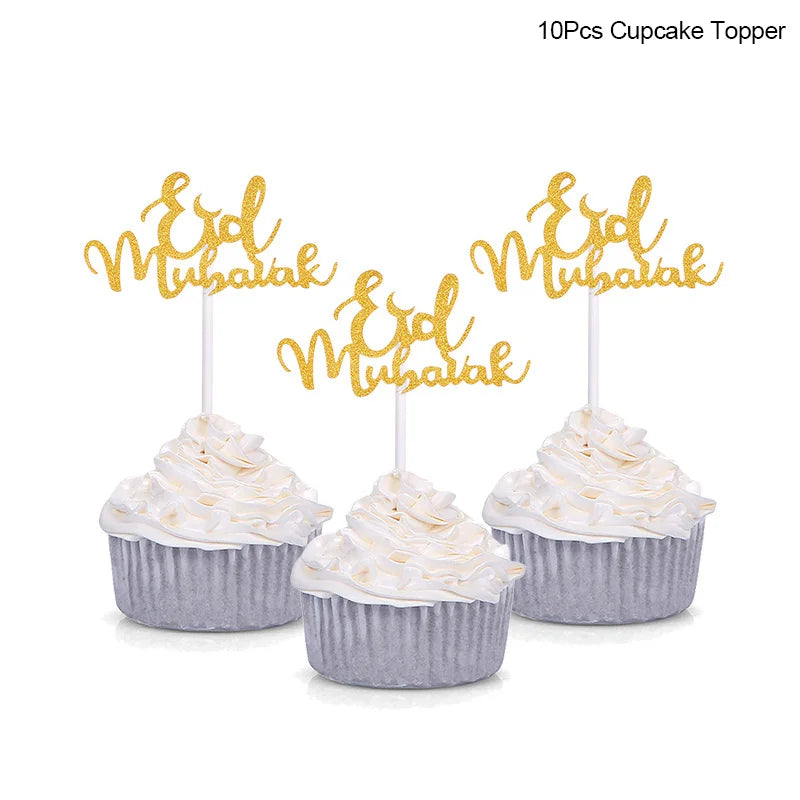 Eid Mubarak kagepynt — guld akryl til kager og cupcakes