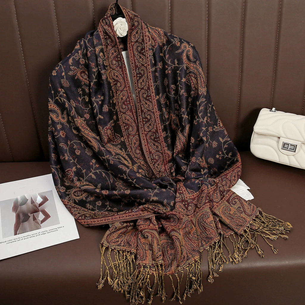Paisley Pashmina Hijab — Soft, Warm Winter Scarf with Fringe