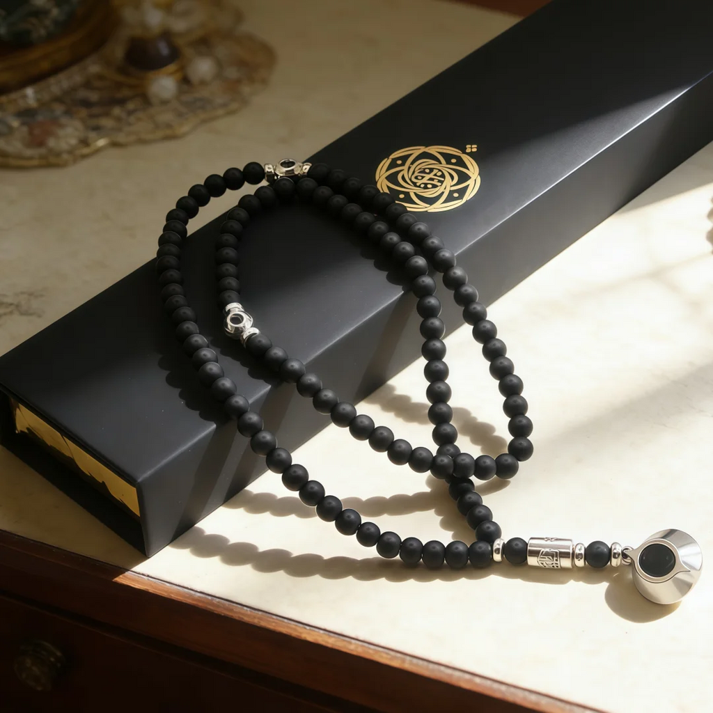 Black stone tasbih in a gift box