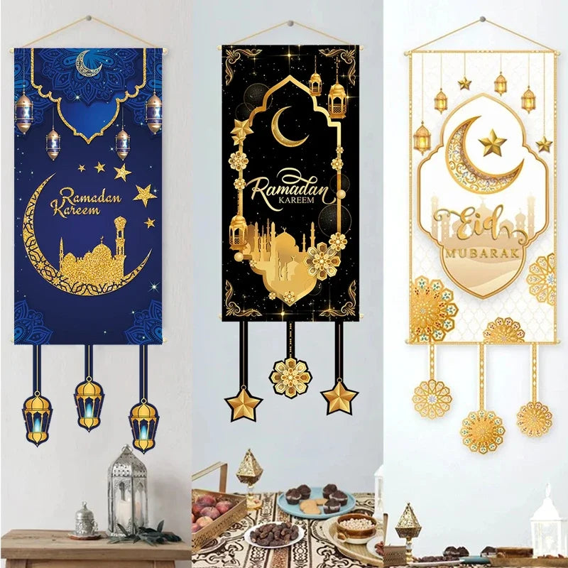 Ramadan Kareem Hanging Banner — Black & Gold Wall Flag