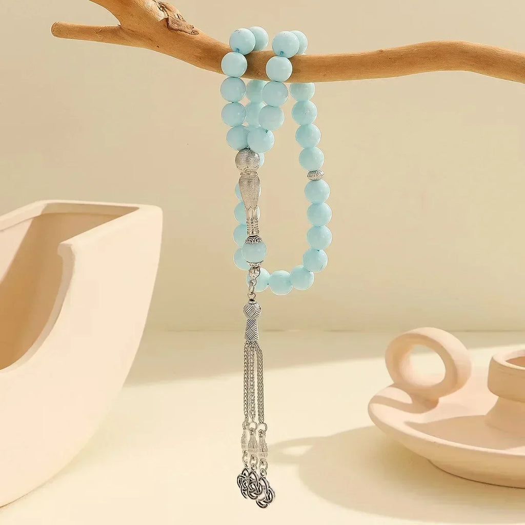 Tasbih med glasperler — 33 perler og guldkvast