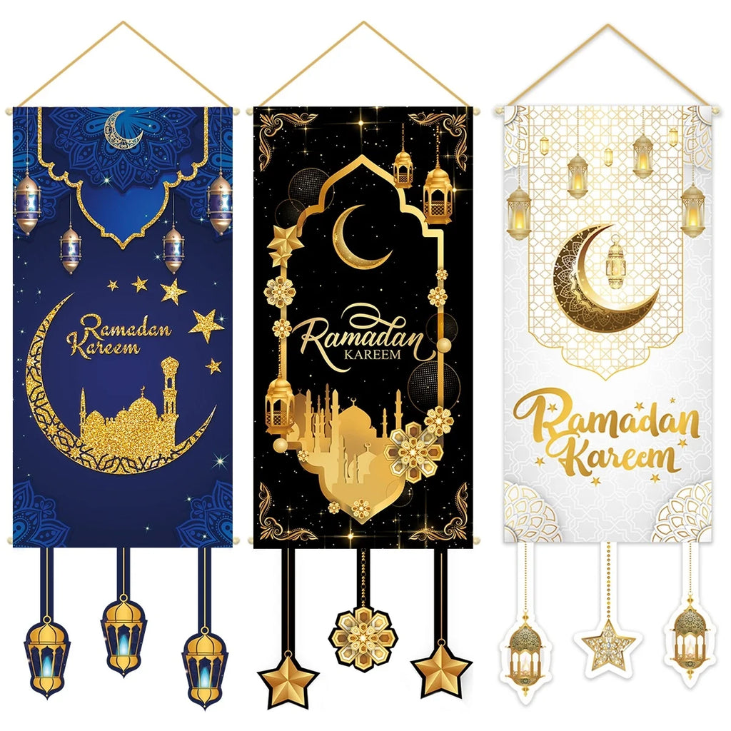 Ramadan Kareem Hanging Banner — Black & Gold Wall Flag