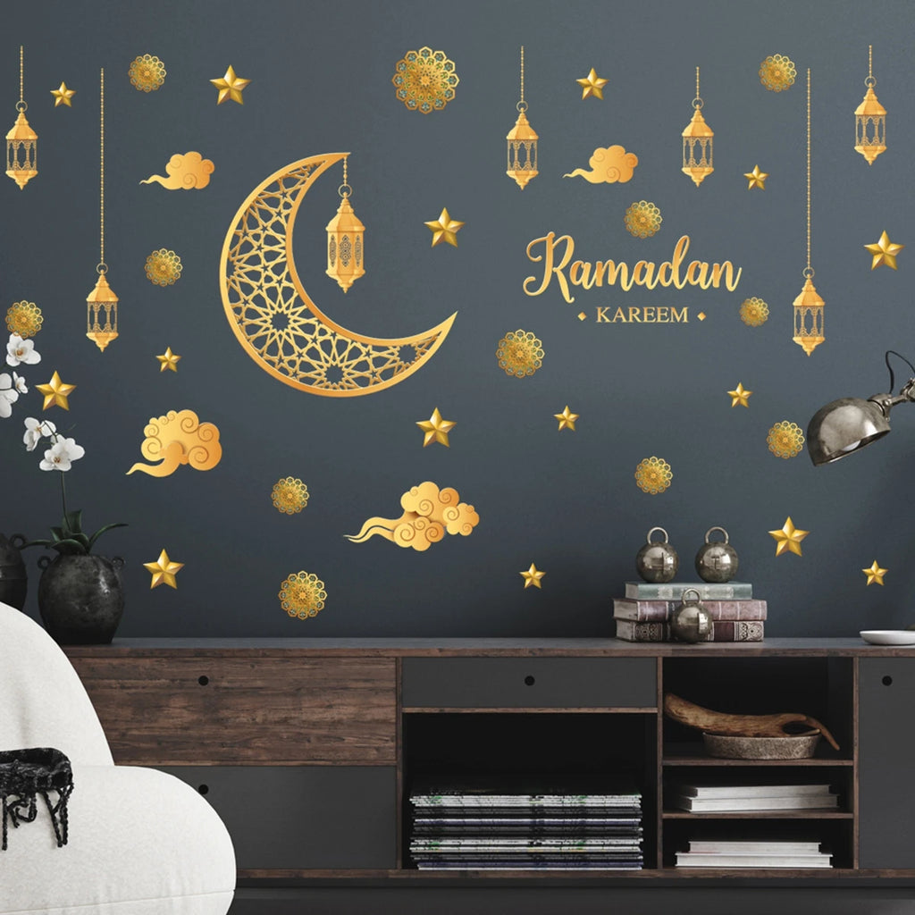 Ramadan Kareem Wandsticker — Goldener Mond, Sterne & Laternen