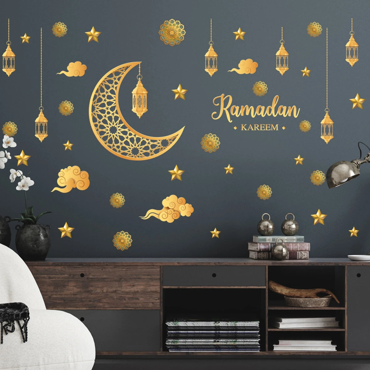 Ramadan Kareem wallstickers — guldmåne, stjerner og lanterner