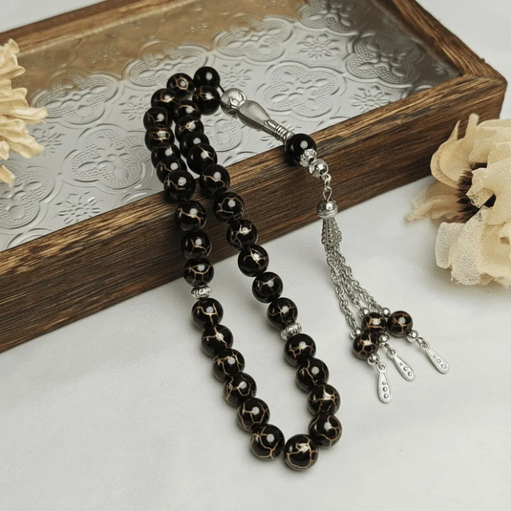 33-Bead Tasbih — Marbled Beads with Metal Tassel