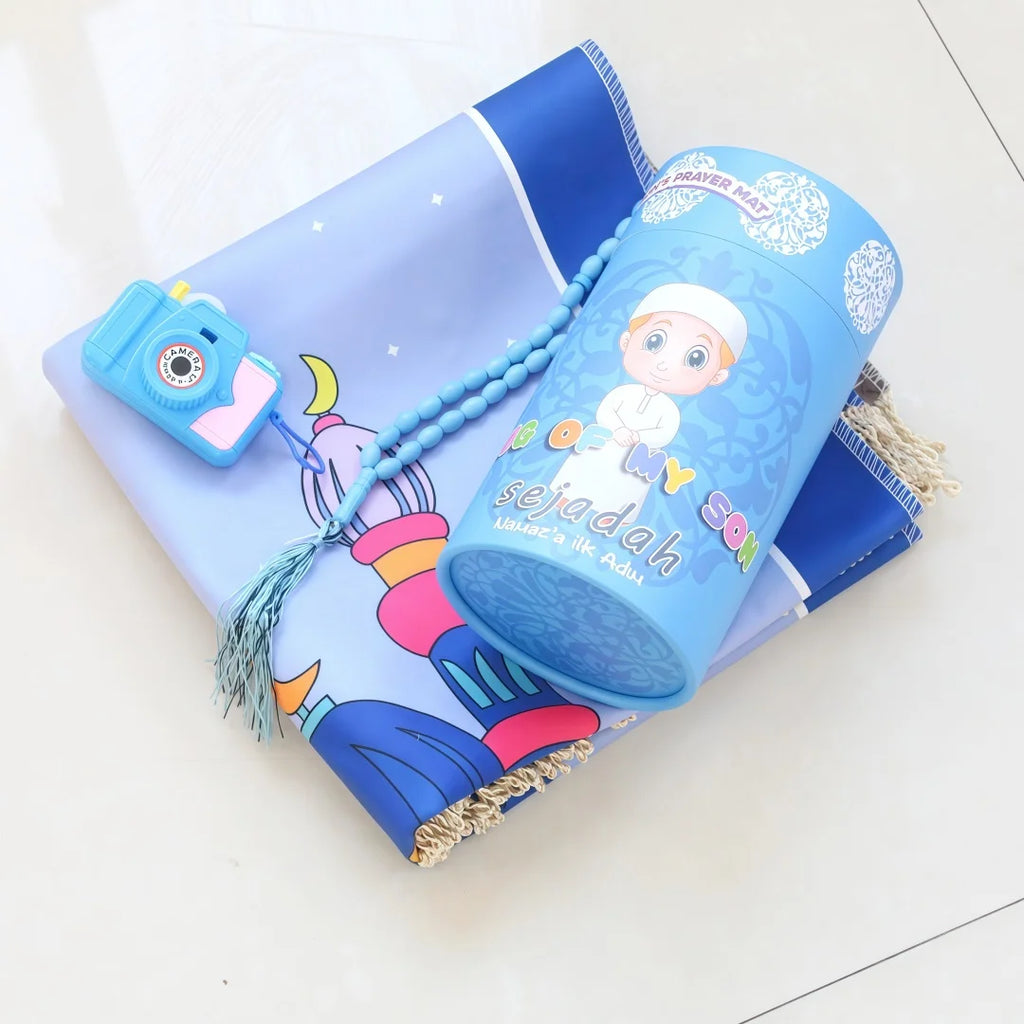 Kids Prayer Mat Gift Set — Mat, Tasbih, Toy Camera & Gift Tube (4-Piece)