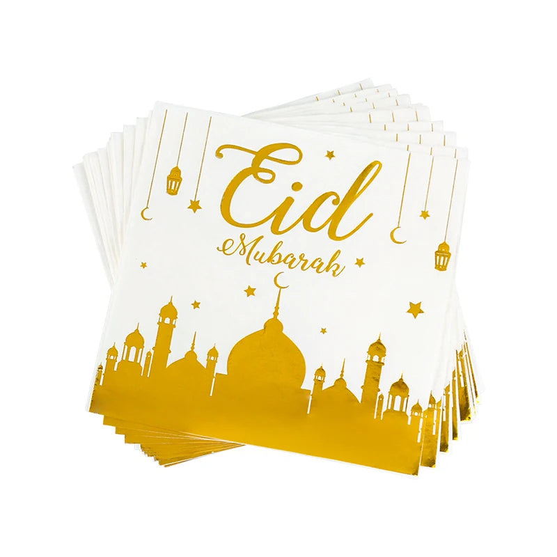 Eid Mubarak-festservice — hvide og gyldne tallerkener, krus og pynt