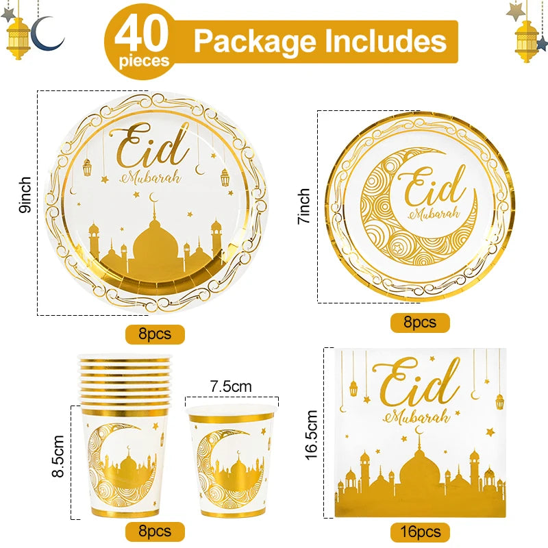 Eid Mubarak-festservice — hvide og gyldne tallerkener, krus og pynt