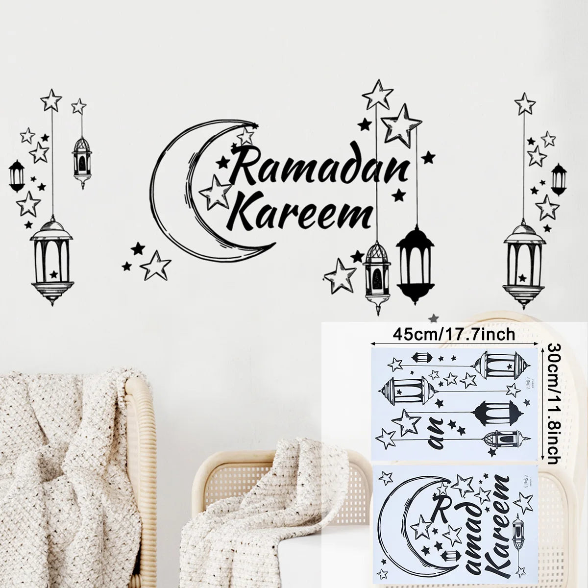 Ramadan Kareem wallstickers — guldmåne, stjerner og lanterner