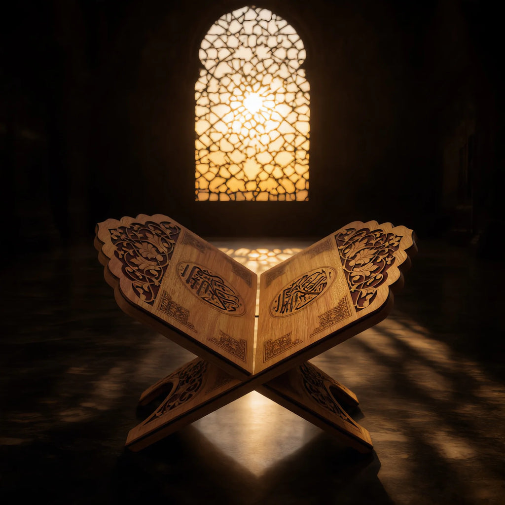 Carved Wooden Quran Stand (Rehal) with Arabic Calligraphy