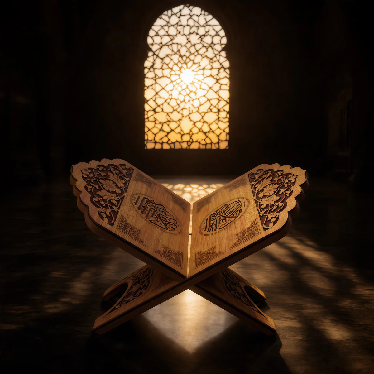 Carved Wooden Quran Stand (Rehal) with Arabic Calligraphy