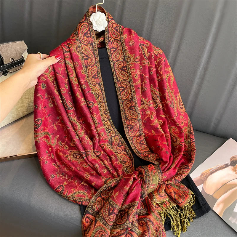 Paisley Pashmina Hijab — Soft, Warm Winter Scarf with Fringe