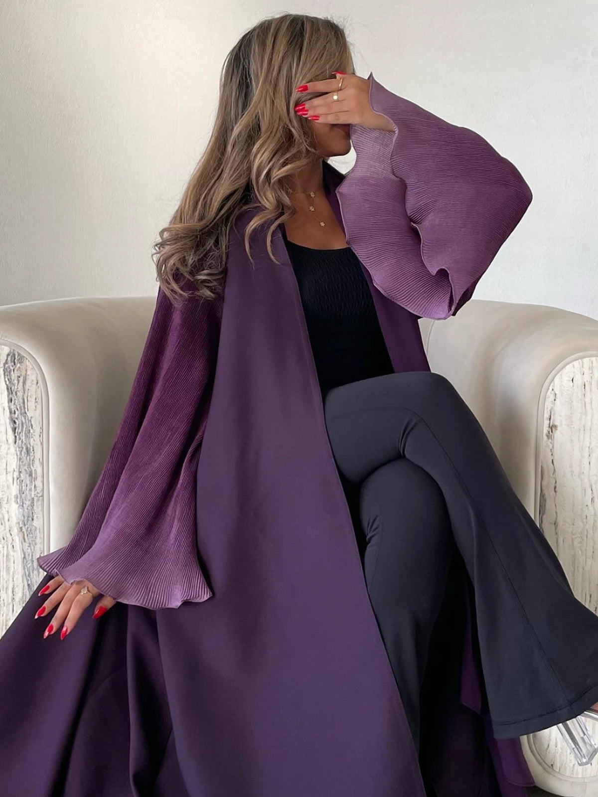 Open Abaya with Pleated Ombré Sleeves